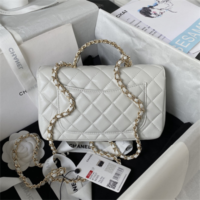 Cha.nel Small Flap Bag With Diamond Top Handle Lambskin Gold Tone Metal White AS4141