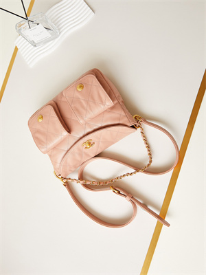 Chanel Hobo Handbag Shiny calfskin Gold Tone Metal Pink AS4743