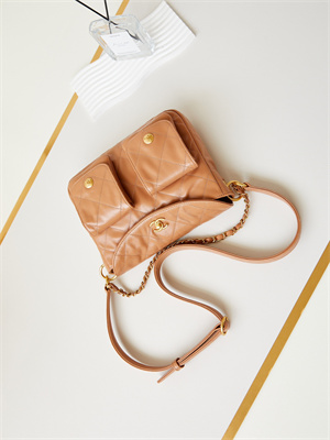 Chanel Hobo Handbag Shiny calfskin Gold Tone Metal Brown AS4743