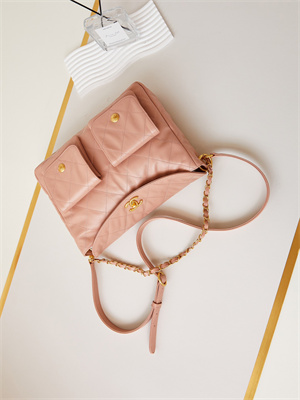 Chanel Large Hobo Handbag Shiny calfskin Gold Tone Metal Pink AS4668