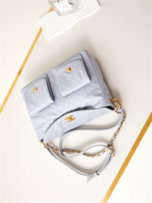 Chanel Large Hobo Handbag Shiny calfskin Gold Tone Metal Blue AS4668