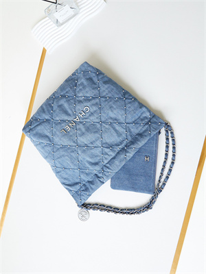 Cha.nel 22 Small Handbag Washed Denim Blue Silver Tone Metal AS3260