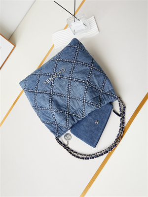 Cha.nel 22 Medium Handbag Stitched Denim Silver Tone Metal Blue AS3261