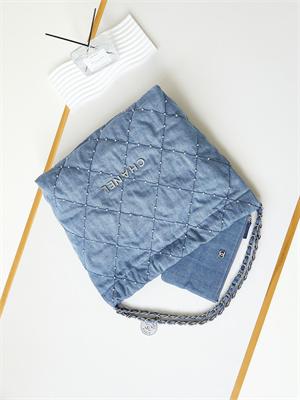 Cha.nel 22 Medium Handbag Washed Denim Blue Silver Tone Metal AS3261