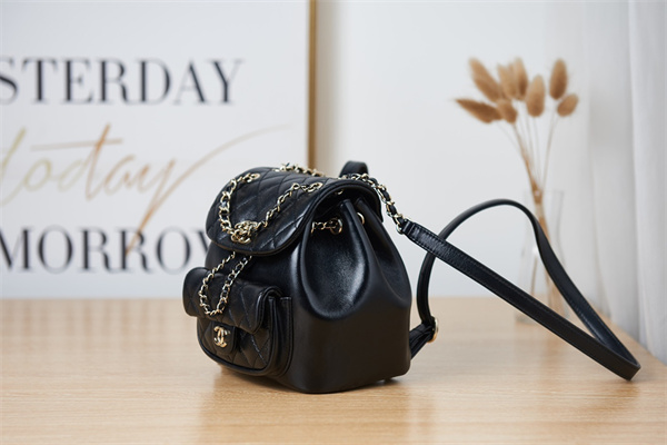 Cha.nel Duma Backpack Calfskin Gold Tone Metal Black AS2908