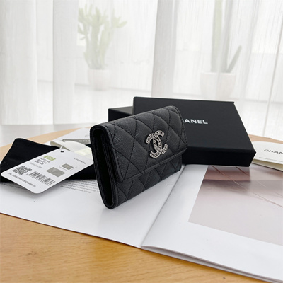 Chanel Wallet Grained Calfskin Silver Tone Metal Black AP3832