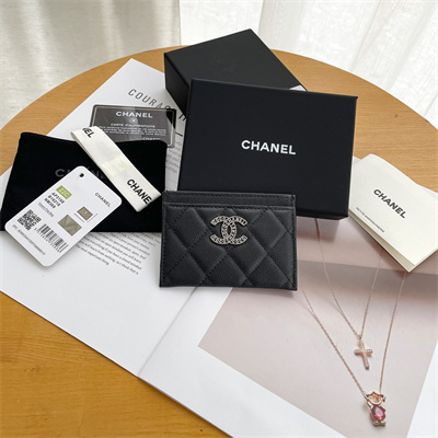 Chanel Card Holder Grained Calfskin Silver Tone Metal Black AP3837