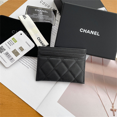 Chanel Card Holder Grained Calfskin Silver Tone Metal Black AP3837