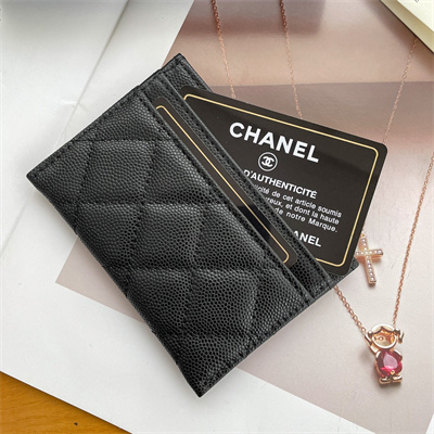 Chanel Card Holder Grained Calfskin Silver Tone Metal Black AP3837