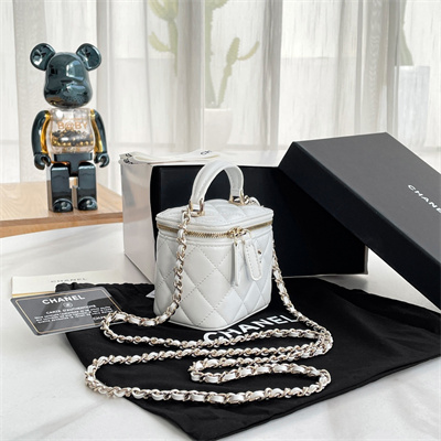 Chanel Small Vanity Case With Chain Lambskin Gold Tone Metal White AP2198