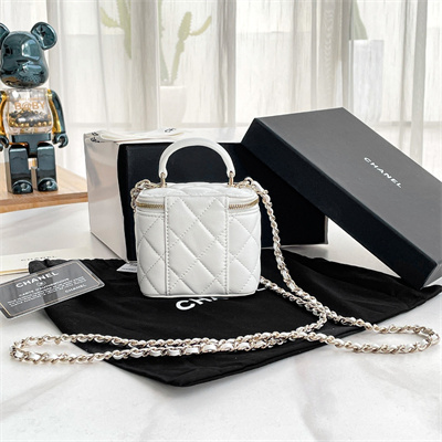 Chanel Small Vanity Case With Chain Lambskin Gold Tone Metal White AP2198