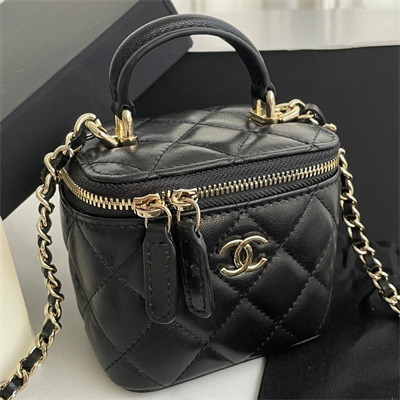 Chanel Small Vanity Case With Chain Lambskin Gold Tone Metal Black AP2198