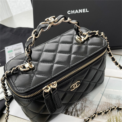 Chanel Vanity Case With Chain Lambskin Gold Tone Metal Black AP3333