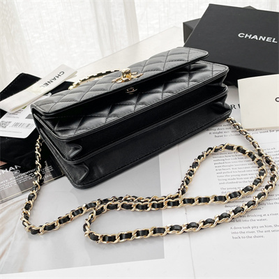Chanel Clutch With Chain Lambskin Gold Tone Metal Black AP3797