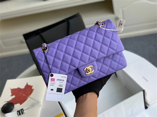 Chanel Medium Classic Flap Bag Grained Calfskin Gold Tone Metal Purple 01112