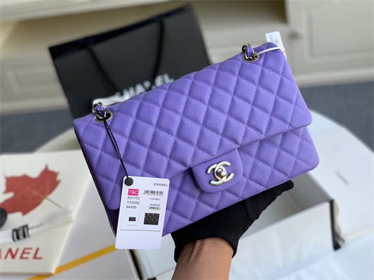 Chanel Medium Classic Flap Bag Grained Calfskin Silver Tone Metal Purple 01112