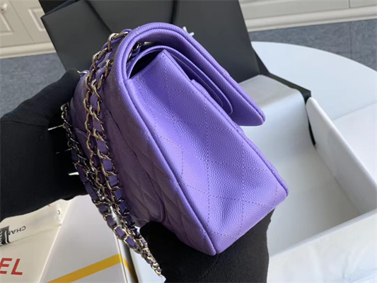 Chanel Medium Classic Flap Bag Grained Calfskin Silver Tone Metal Purple 01112