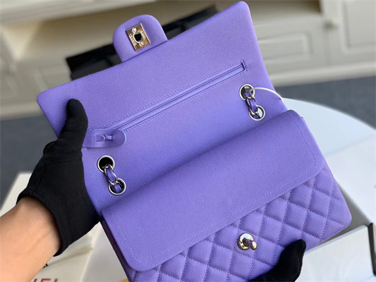 Chanel Medium Classic Flap Bag Grained Calfskin Silver Tone Metal Purple 01112