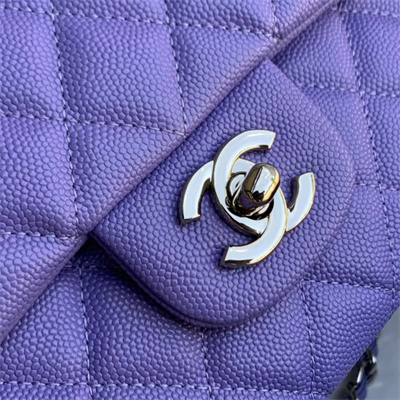 Chanel Medium Classic Flap Bag Grained Calfskin Silver Tone Metal Purple 01112