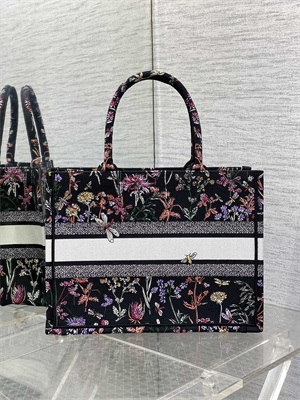 CD Medium Book Tote Black Multicolor Dior Herbarium Embroidery