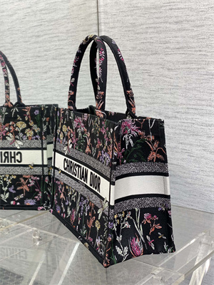 CD Medium Book Tote Black Multicolor Dior Herbarium Embroidery