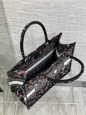 CD Medium Book Tote Black Multicolor Dior Herbarium Embroidery