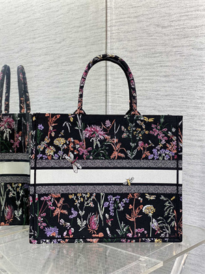 CD Large Book Tote Black Multicolor Dior Herbarium Embroidery