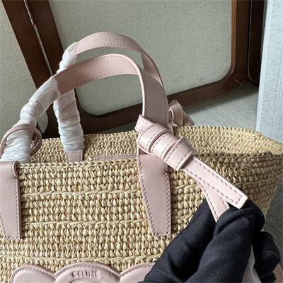 Celine Teen Supple Classic Panier In Raffia and Calfskin Pink