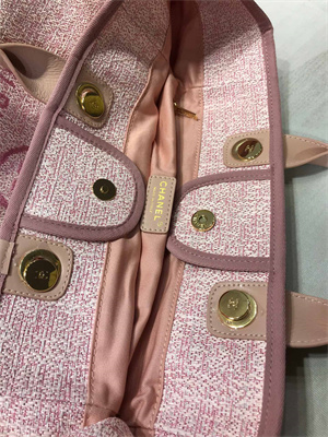 Cha.nel Deauville Large Shopping Bag Mixed Linen Fibers Gold Tone Metal Pink A66941