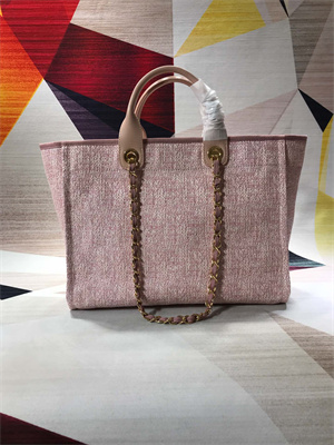 Cha.nel Deauville Large Shopping Bag Mixed Linen Fibers Gold Tone Metal Pink A66941