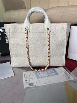 Chanel Deauville Large Shopping Bag Mixed Fibers Gold Tone Metal Cream A66941