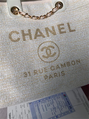 Chanel Deauville Large Shopping Bag Mixed Fibers Gold Tone Metal Cream A66941