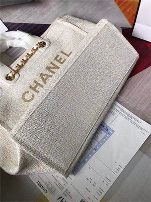 Chanel Deauville Large Shopping Bag Mixed Fibers Gold Tone Metal Cream A66941