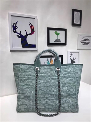 Chanel Deauville Large Shopping Bag Mixed Fibers Gold Tone Metal Green A66941
