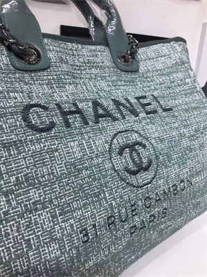 Chanel Deauville Large Shopping Bag Mixed Fibers Gold Tone Metal Green A66941