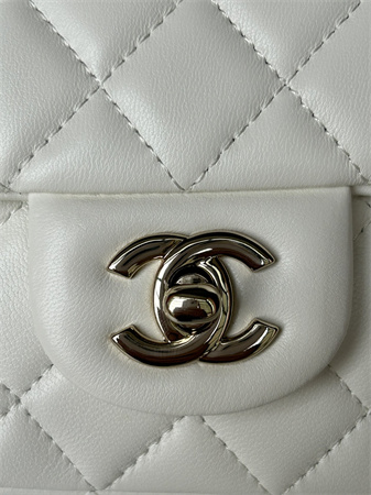 Chanel Mini Flap Bag With Top Handle Lambskin Gold Tone Metal White AS2431
