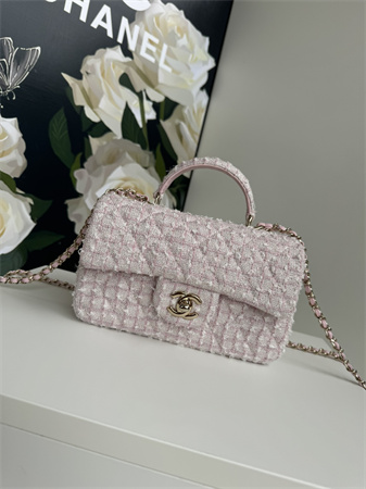 Chanel Mini Flap Bag With Top Handle Tweed Gold Tone Metal Pink AS2431