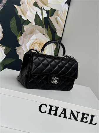 Chanel Mini Flap Bag With Top Handle Lambskin Silver Tone Metal Black AS2431