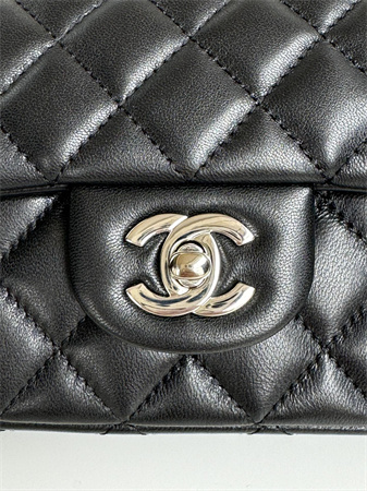 Chanel Mini Flap Bag With Top Handle Lambskin Silver Tone Metal Black AS2431