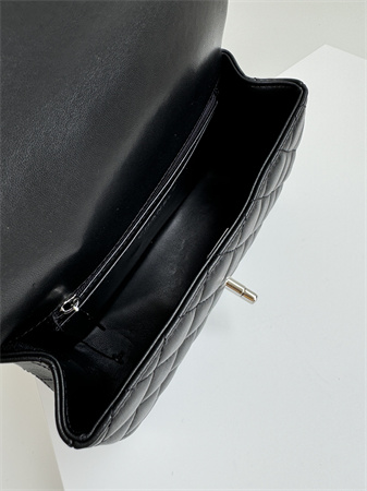 Chanel Mini Flap Bag With Top Handle Lambskin Silver Tone Metal Black AS2431