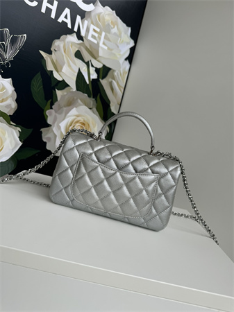 Chanel Mini Flap Bag With Top Handle Grained Calfskin Silver Tone Metal Silver AS2431