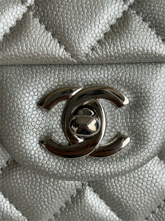 Chanel Mini Flap Bag With Top Handle Grained Calfskin Silver Tone Metal Silver AS2431