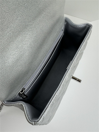 Chanel Mini Flap Bag With Top Handle Grained Calfskin Silver Tone Metal Silver AS2431