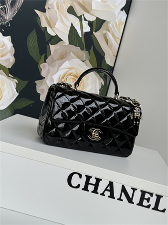 Chanel Mini Flap Bag With Top Handle Charm Patent Calfskin Gold Tone Metal Black AS2431