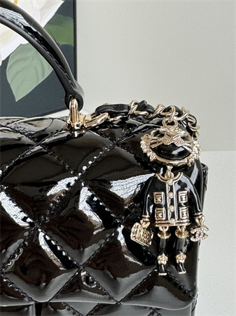 Chanel Mini Flap Bag With Top Handle Charm Patent Calfskin Gold Tone Metal Black AS2431
