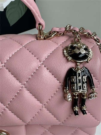 Chanel Mini Flap Bag With Top Handle Charm Lambskin Gold Tone Metal Pink AS2431