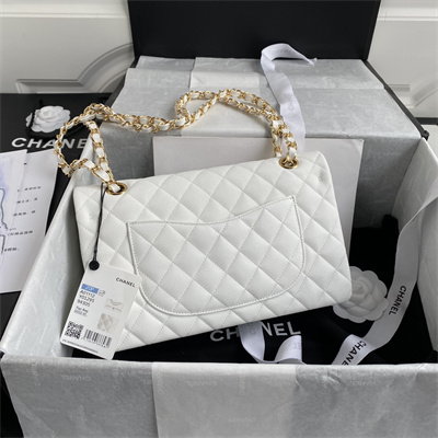 Chanel Medium Classic Flap Bag Grained Calfskin Gold Tone Metal White 01112