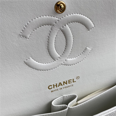 Chanel Medium Classic Flap Bag Grained Calfskin Gold Tone Metal White 01112