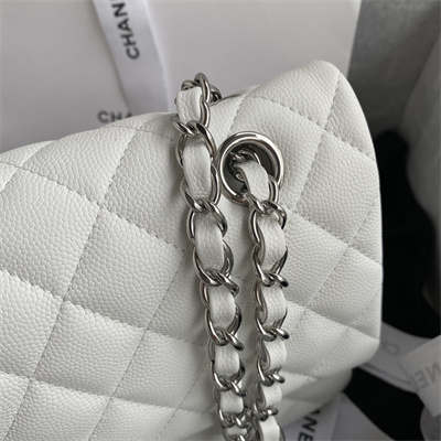 Chanel Medium Classic Flap Bag Grained Calfskin Silver Tone Metal White 01112