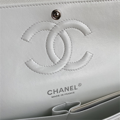 Chanel Medium Classic Flap Bag Grained Calfskin Silver Tone Metal White 01112